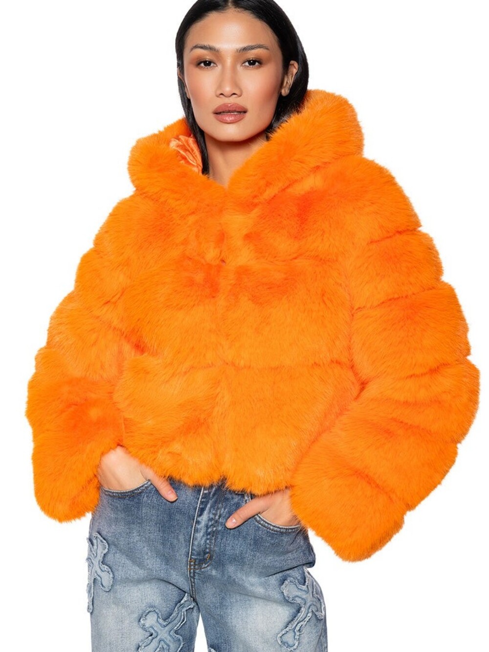 Akira orange cropped hooded plush faux fox fur Coat Size Large